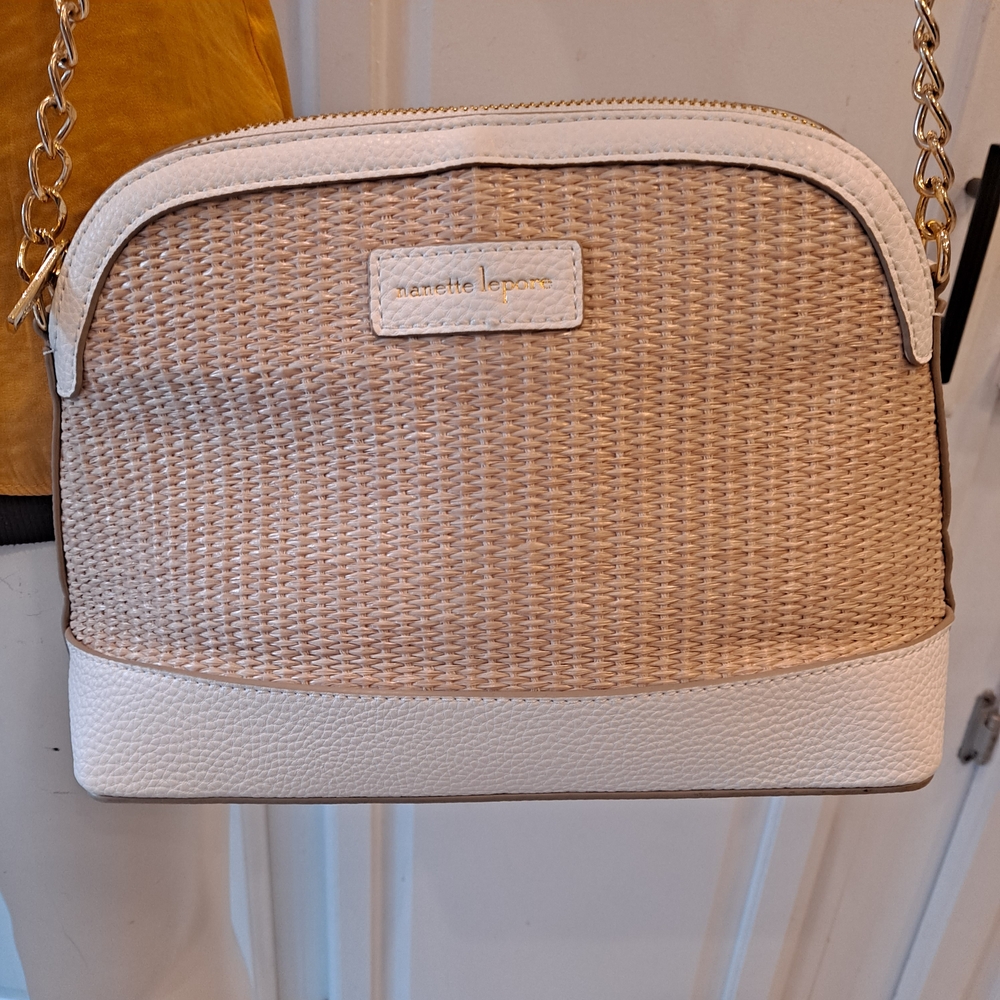 Nanette Lepore Tan Woven Straw and White Faux Leather Crossbody Bag